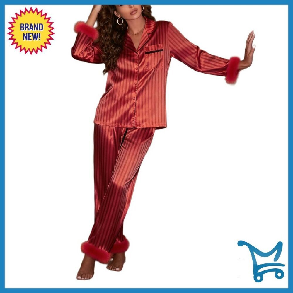 Satin Silk Pajama Set with Fur Trim, Button-Down Top & Pants